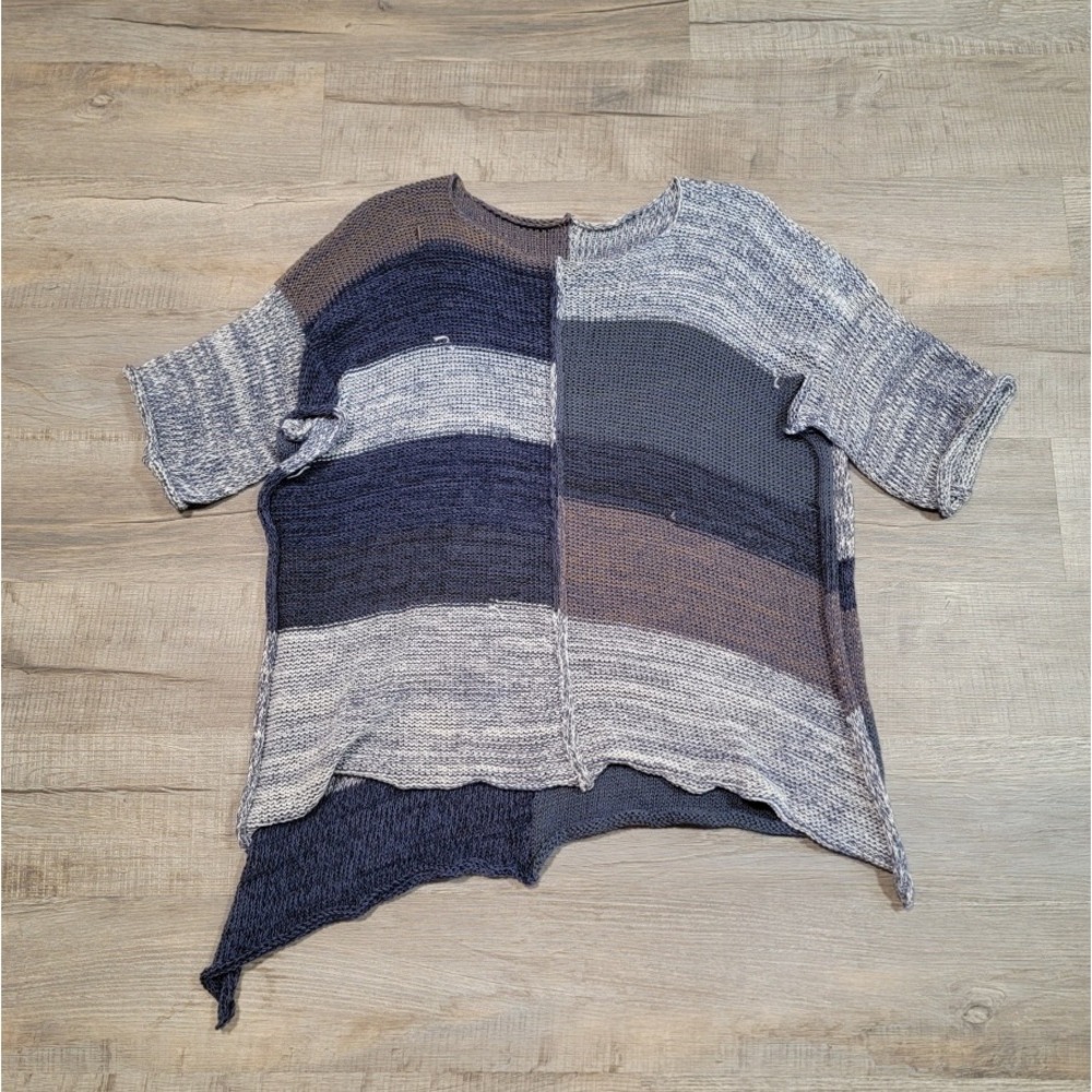 SKIF Skifo Mixed Knit Colorblock Asymmetrical Sweater Blue Grey Lagenlook Boho